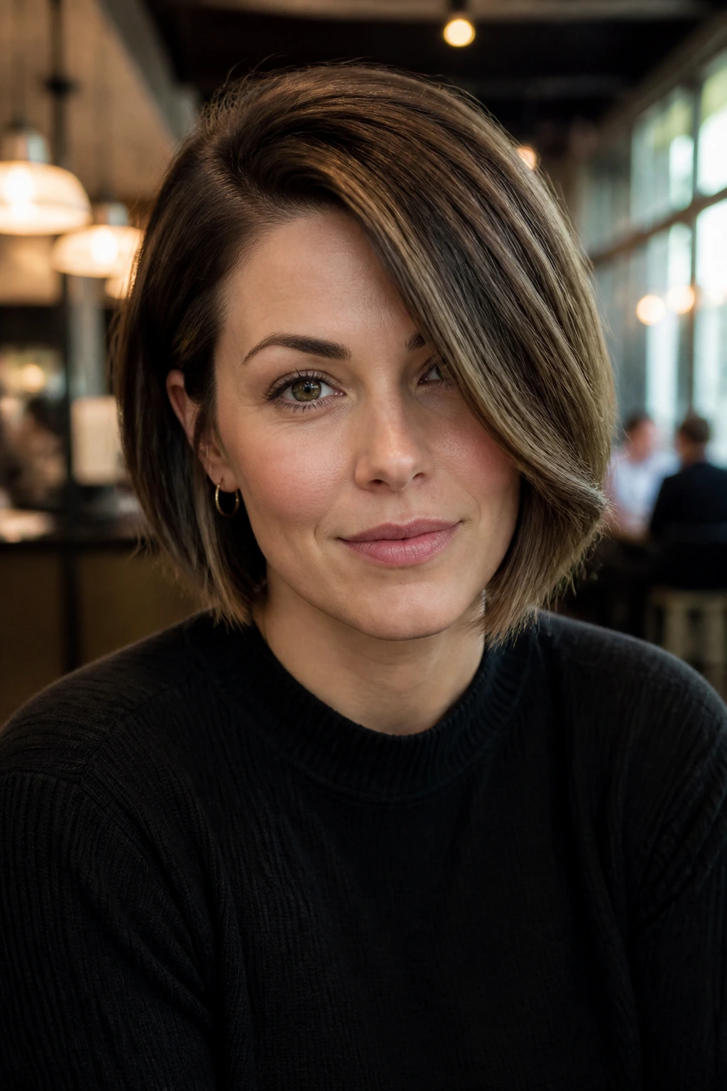 Close-up of a real woman with a deep side-part bob