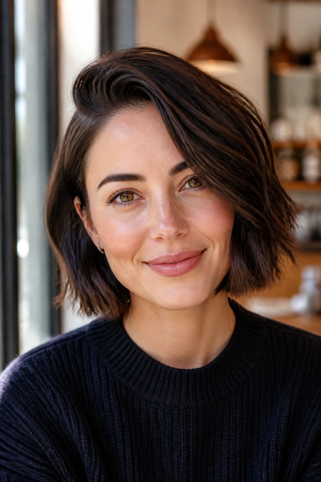 Close-up portrait of a woman with a deep side-part bob