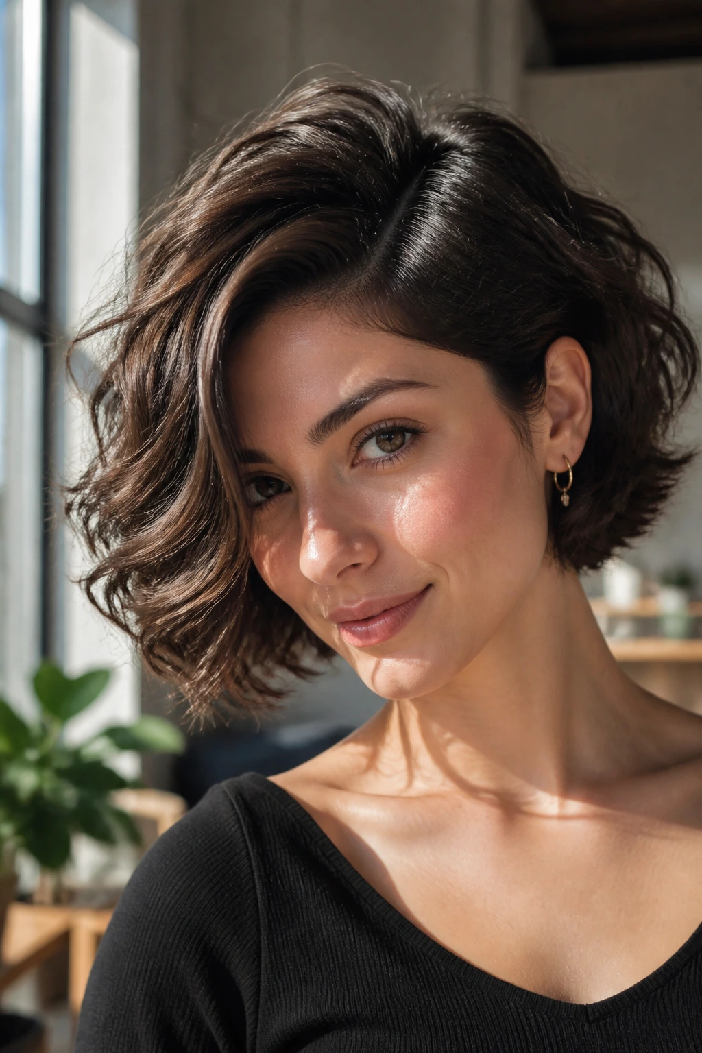Close-up of a real woman with a deep side-parted bob hairstyle