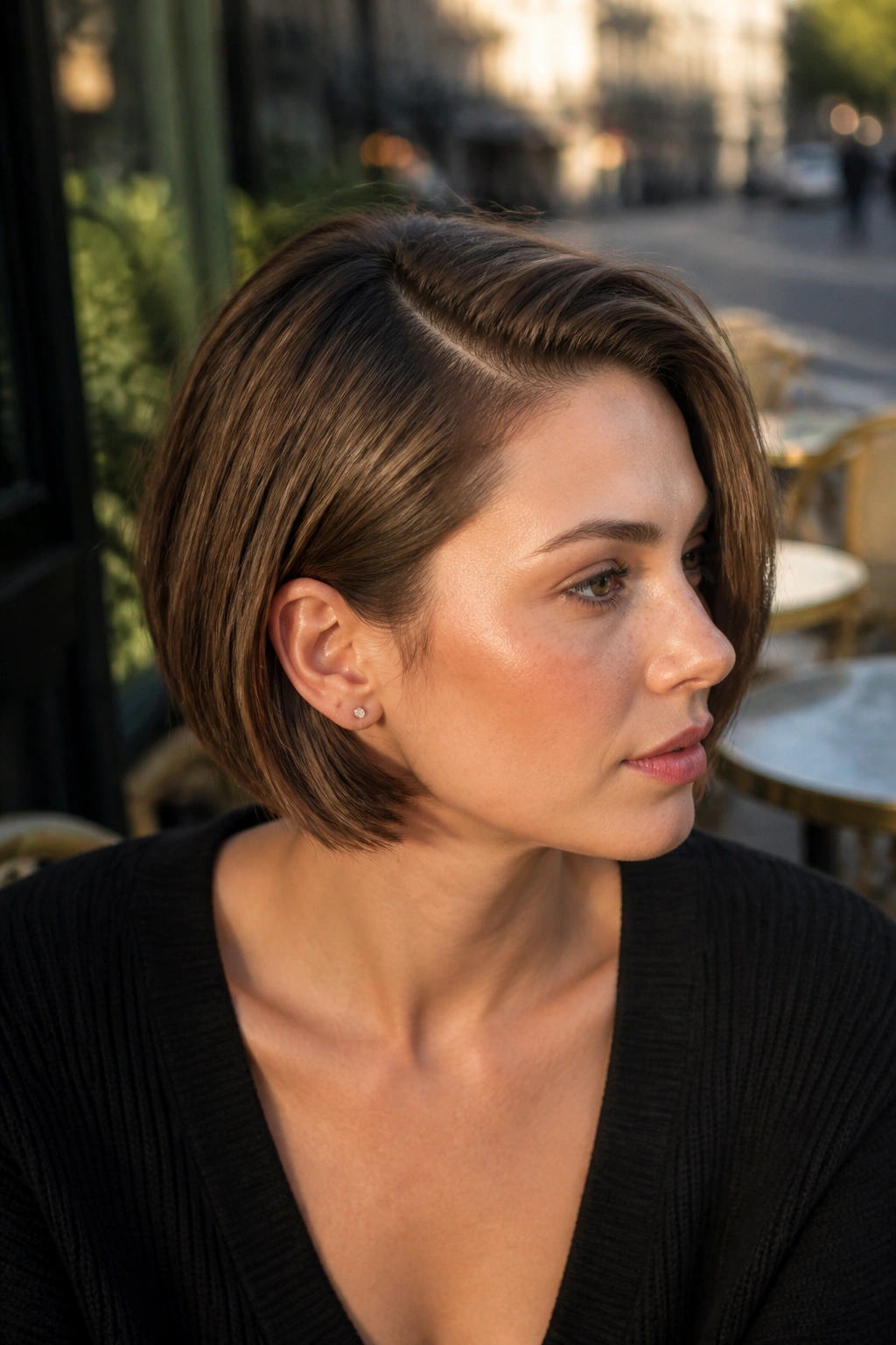 Close-up of a real woman with a deep side part and root lift in warm outdoor light.