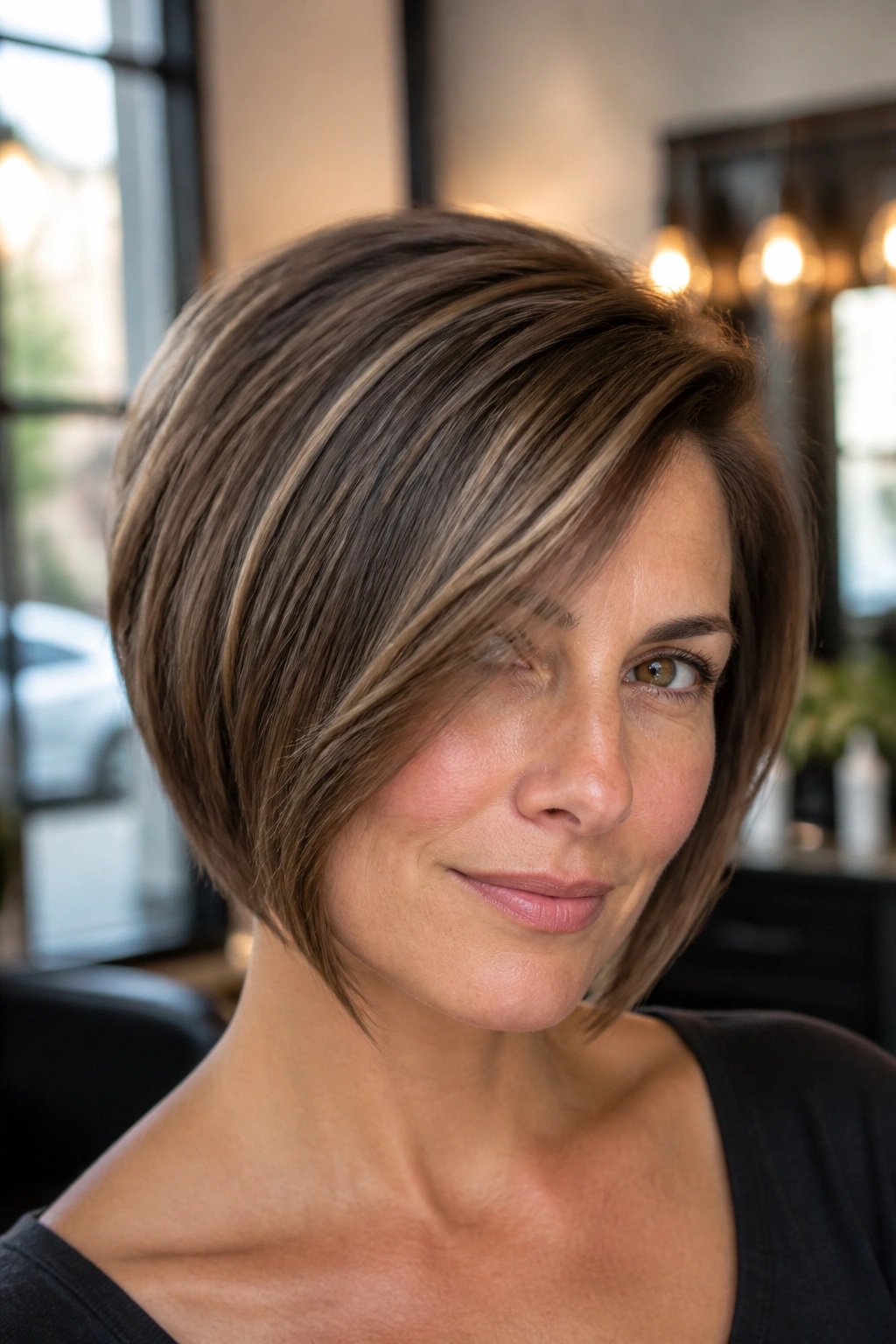 Close-up portrait of a real woman with a deep side-parted stacked bob skimming past the cheeks.