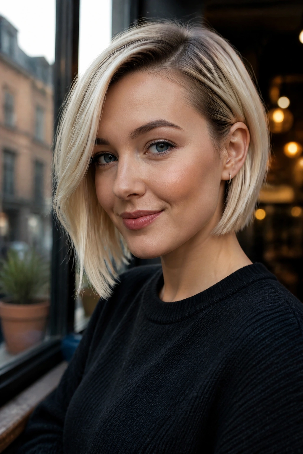 Portrait of a woman with a deep side-part bob and a tucked side in soft blonde