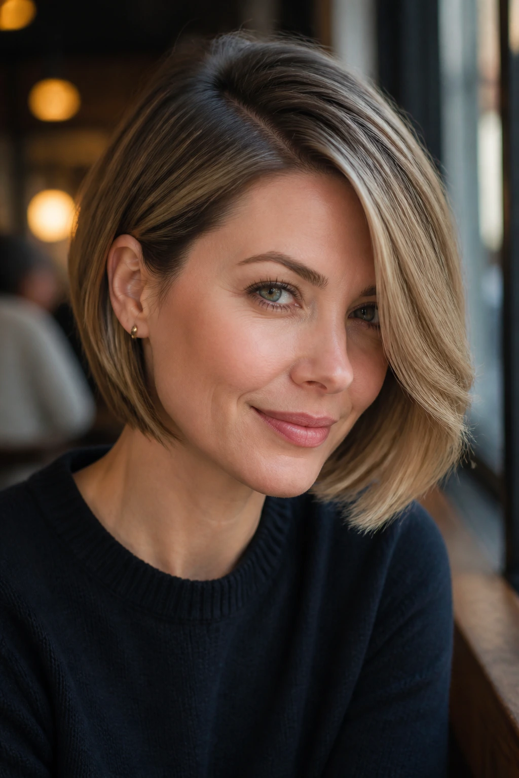 Portrait of a woman with a deep side-part bob showing crown volume
