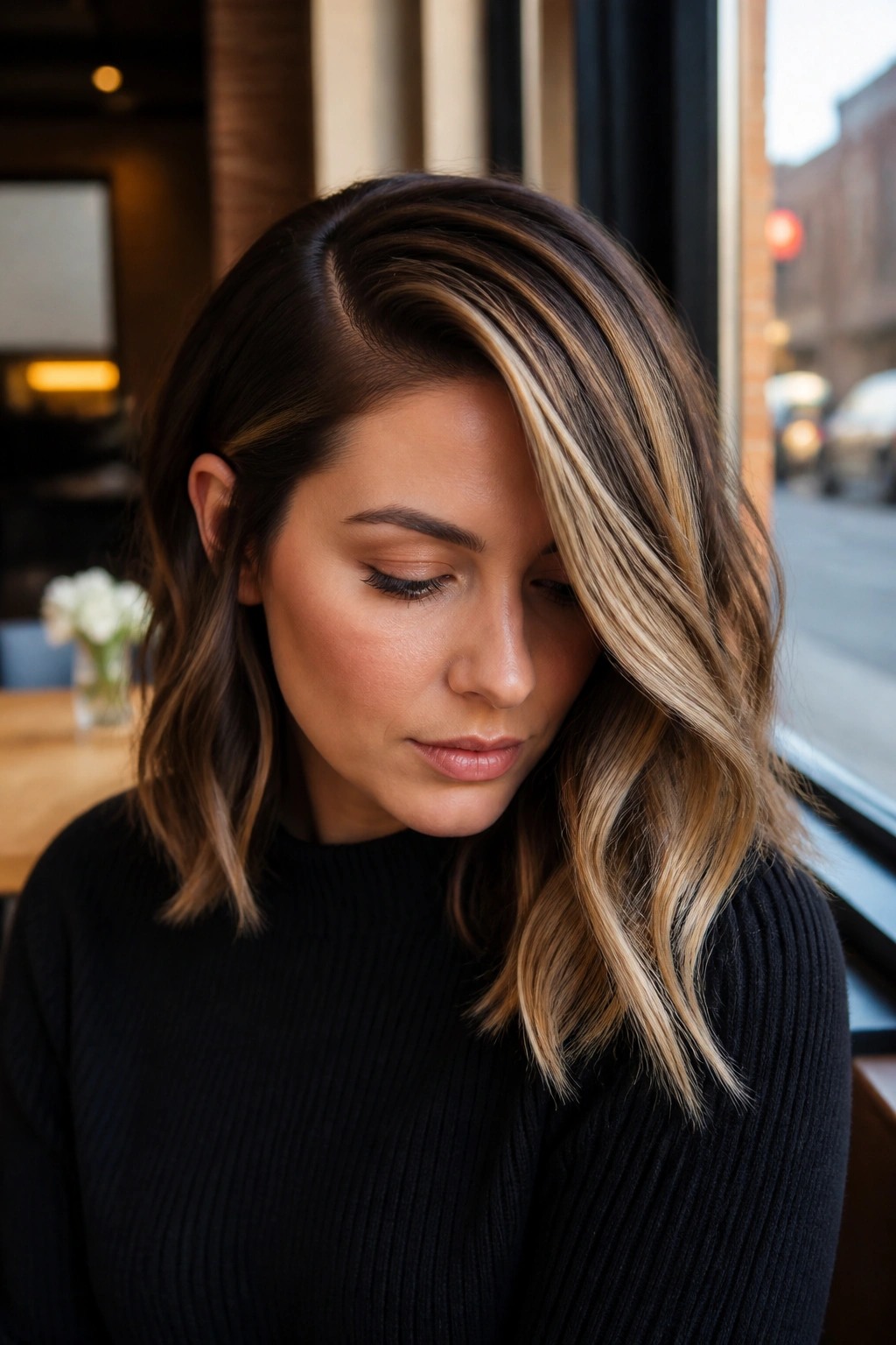 Close-up of a deep side part with a bright side on a real woman.