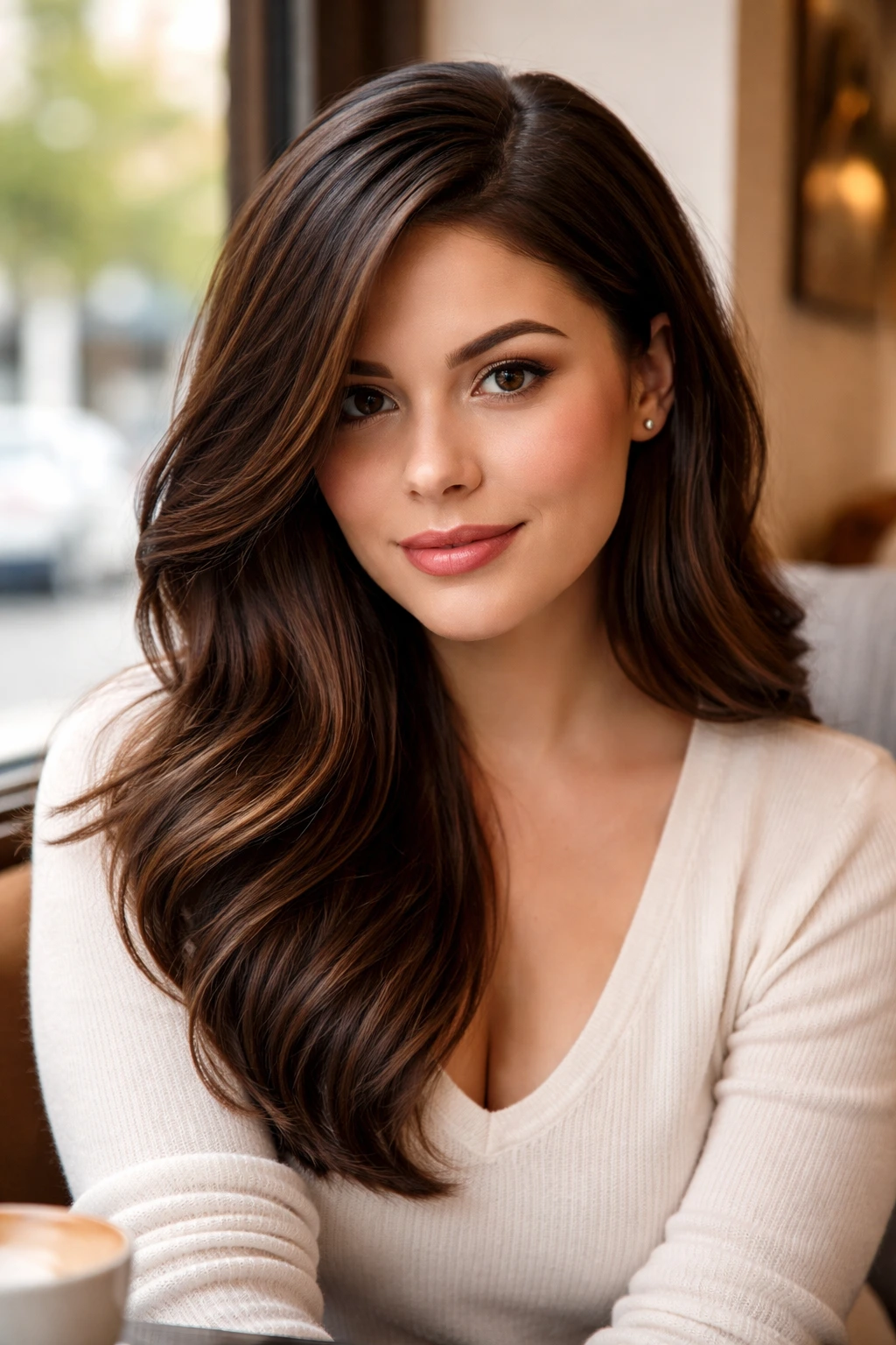 Portrait of a real woman with a deep side part and asymmetric volume