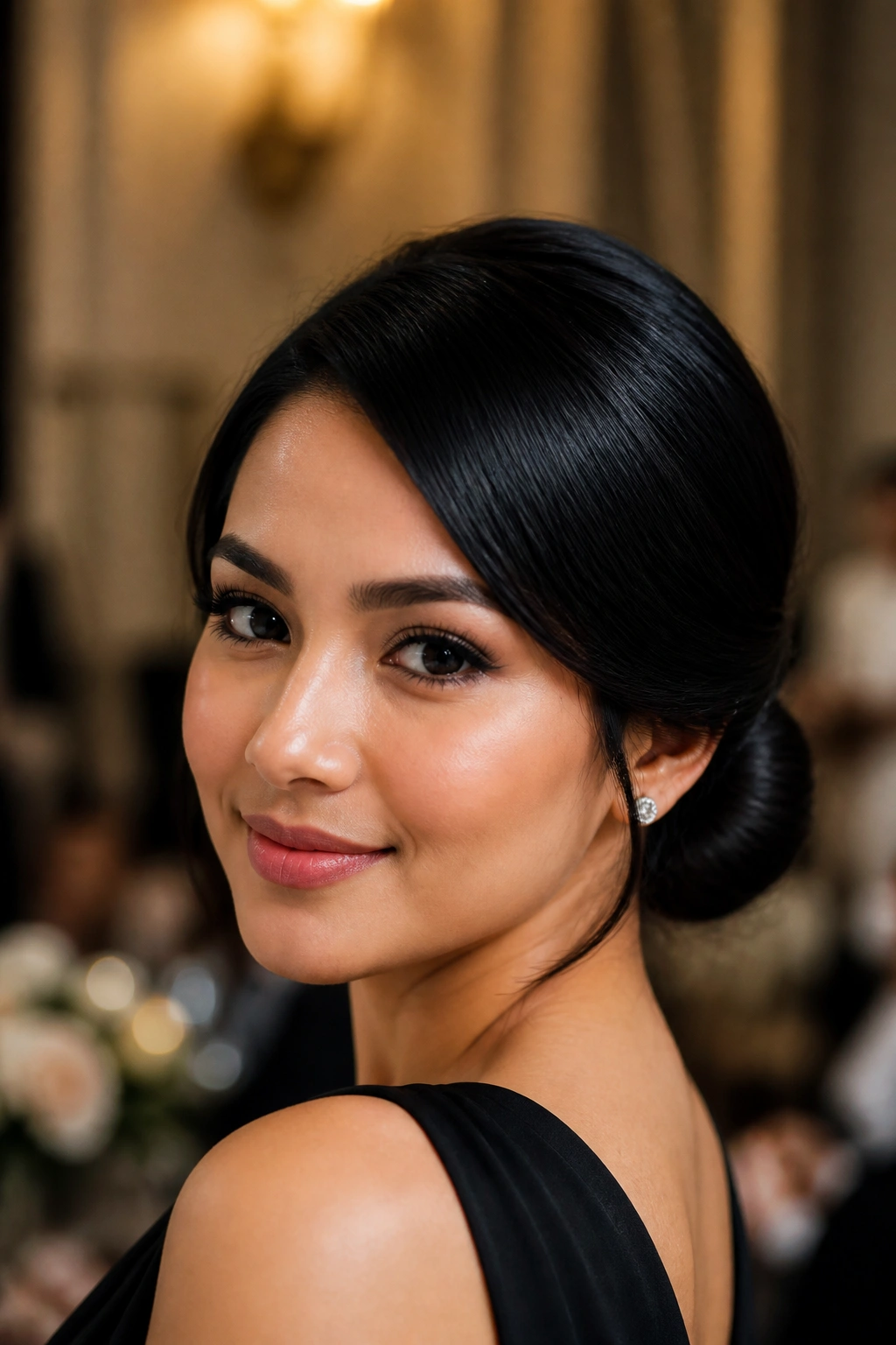 Portrait of a woman with a deep side-part and sleek jet-black low bun.