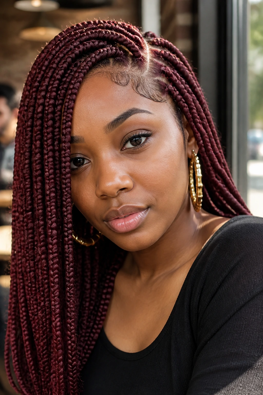 Portrait of woman with deep side-part burgundy box braids