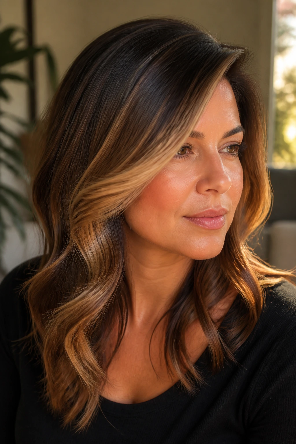 Close-up of deep side part with bright caramel face frame on a real woman