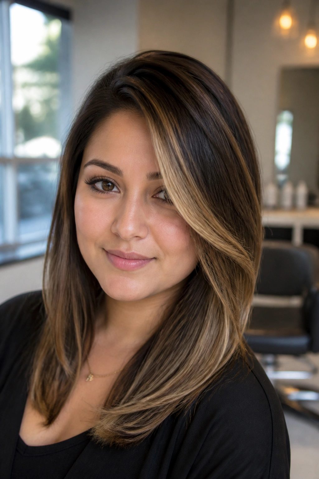 Close-up of a deep side-part with caramel sweep elongating the face