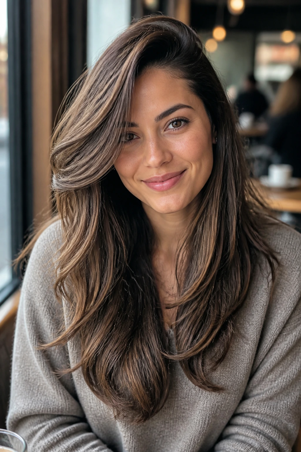 Close-up portrait of a real woman with a deep side part and cascading layers, seated by a cafe window