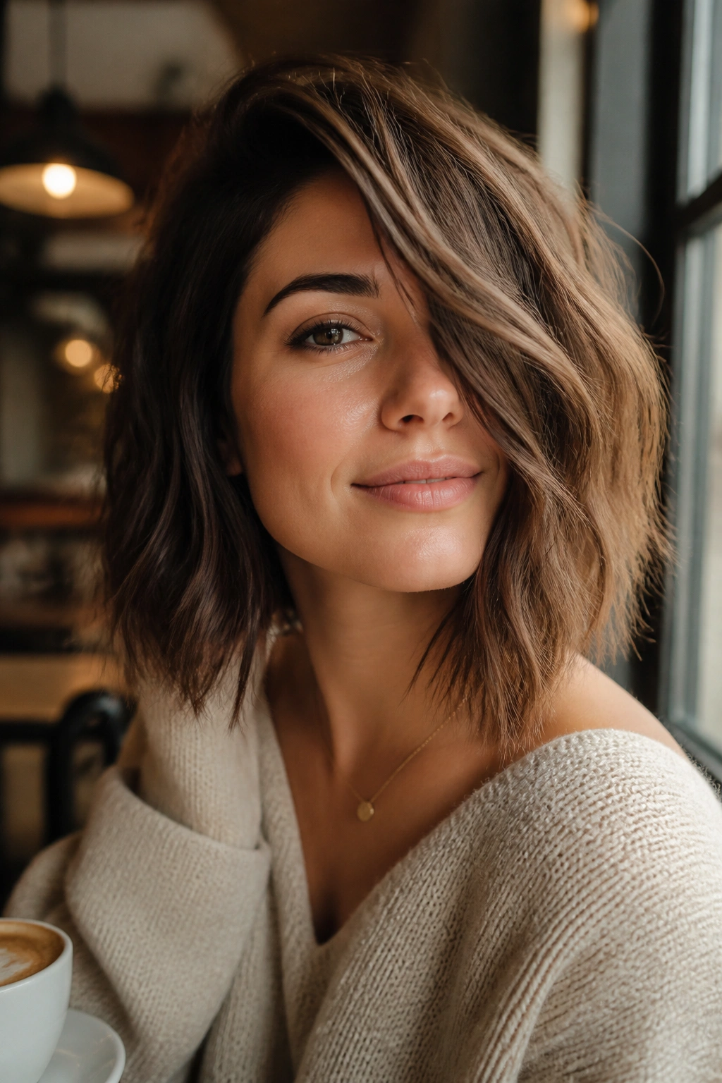 Close-up of a real woman with deep side-parted choppy lob