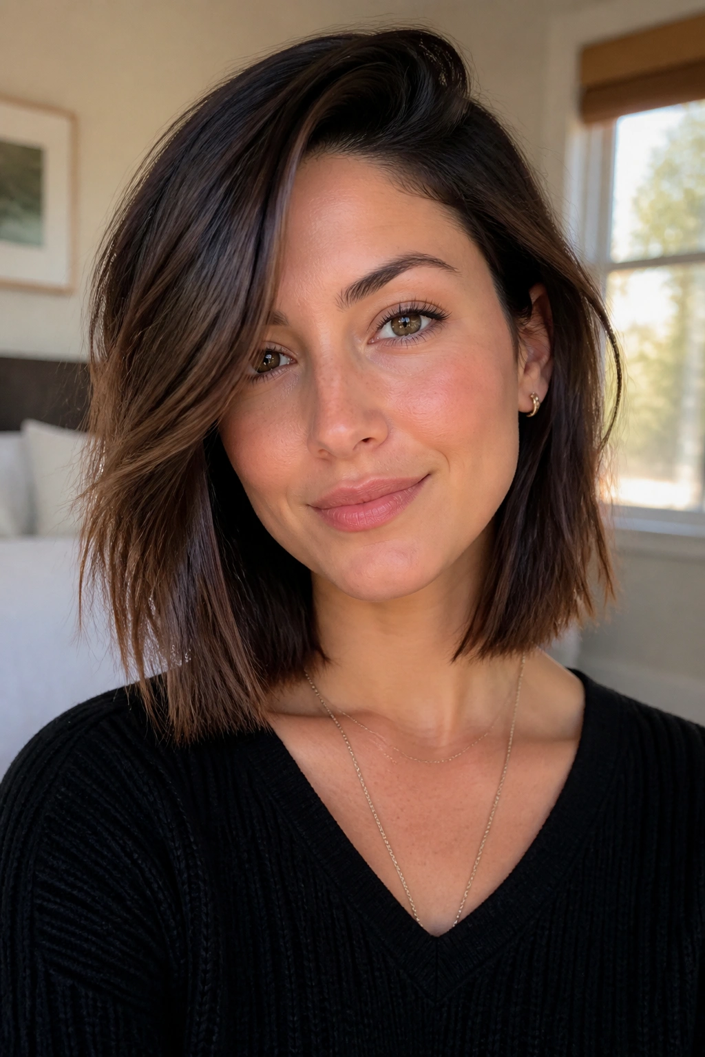 Close-up of a real woman with a deep side-part collarbone-length lob.