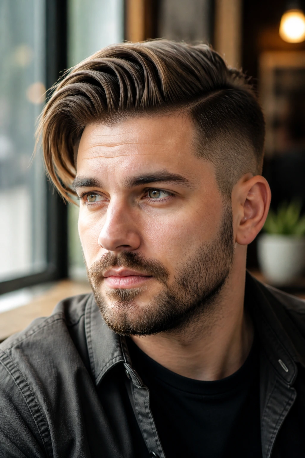 Close-up portrait of a real man with a deep side-part comb over in warm cafe light