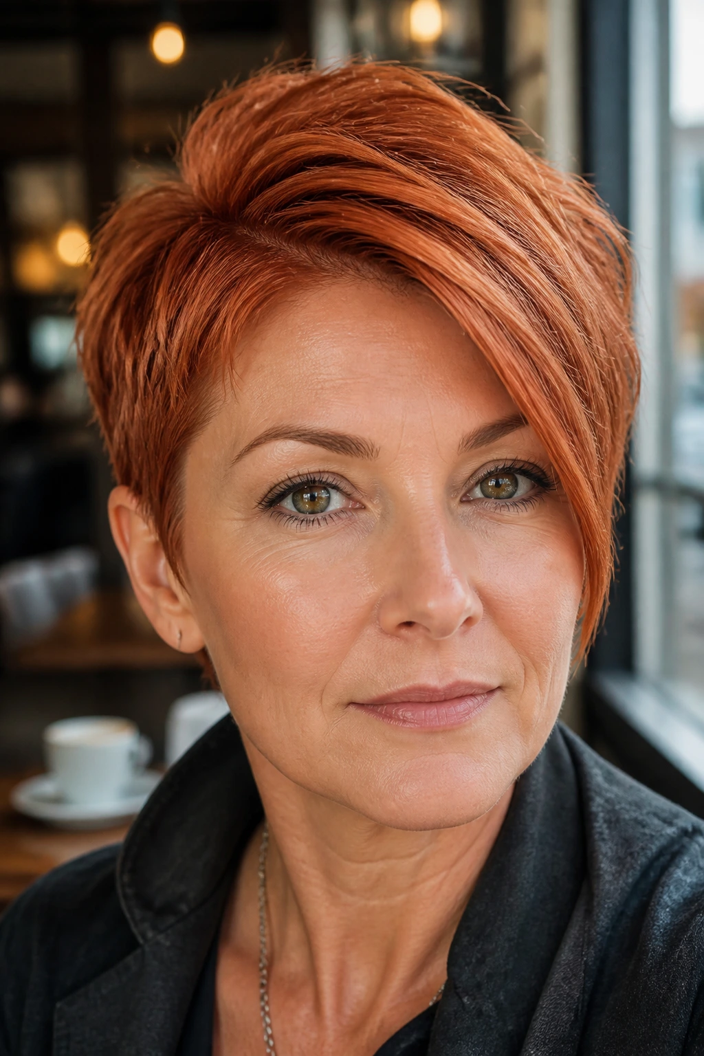 Close-up of a real person with a deep side-part copper pixie