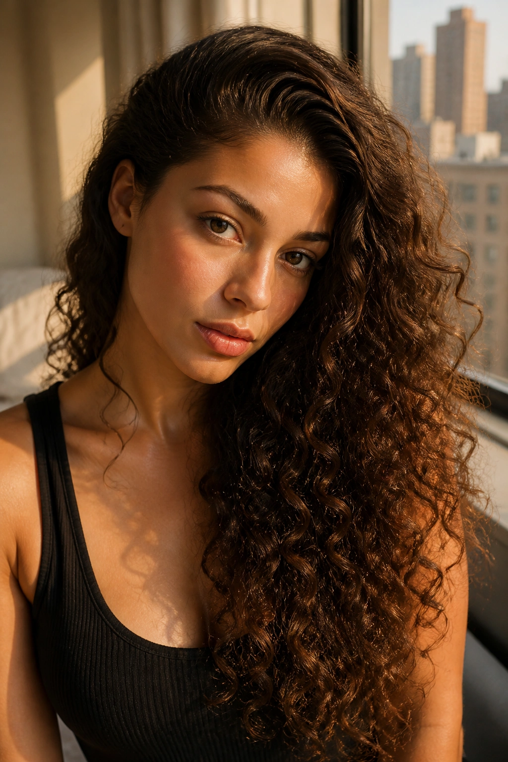 Close-up of a real person with a deep side part in long curls