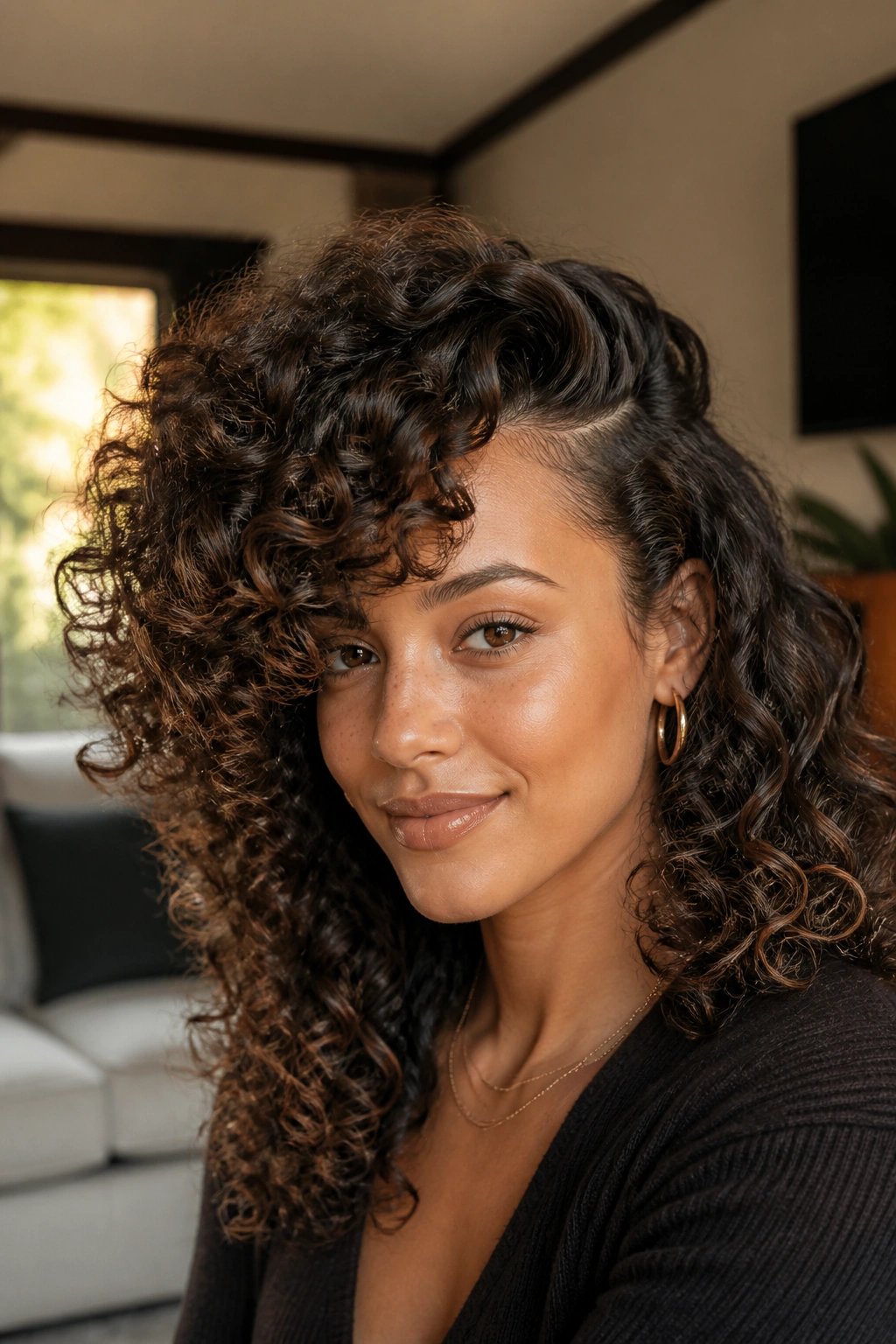 Close-up of a real woman with a deep side part and cloud curls near a window