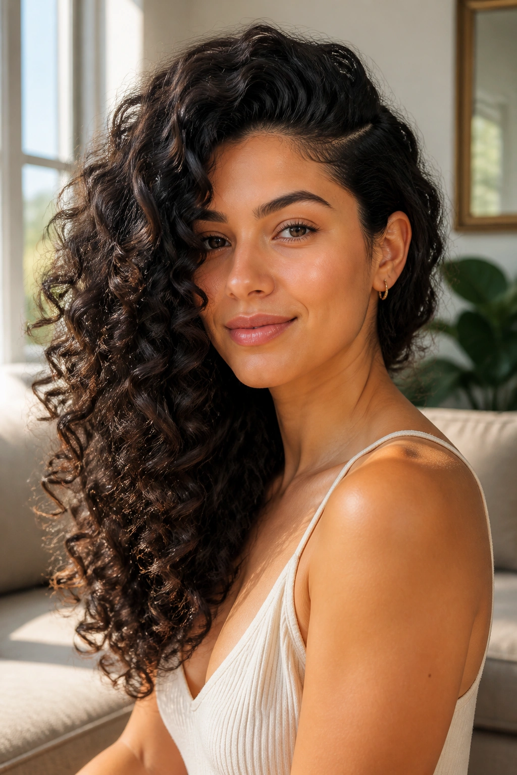 Portrait of a real woman with a deep side-part and cascading curls.