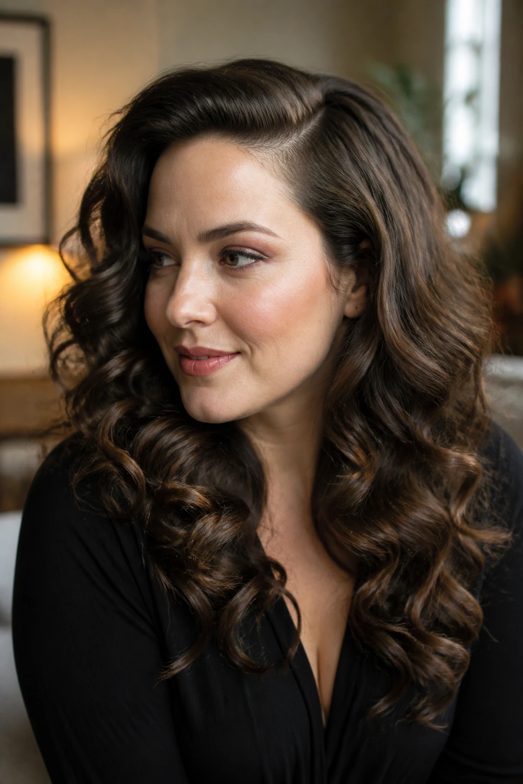 Portrait of a real woman with a deep side part and loose barrel curls.