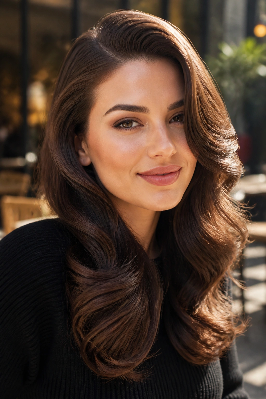 Close-up of a real woman with deep side-part curls in rich brown hair