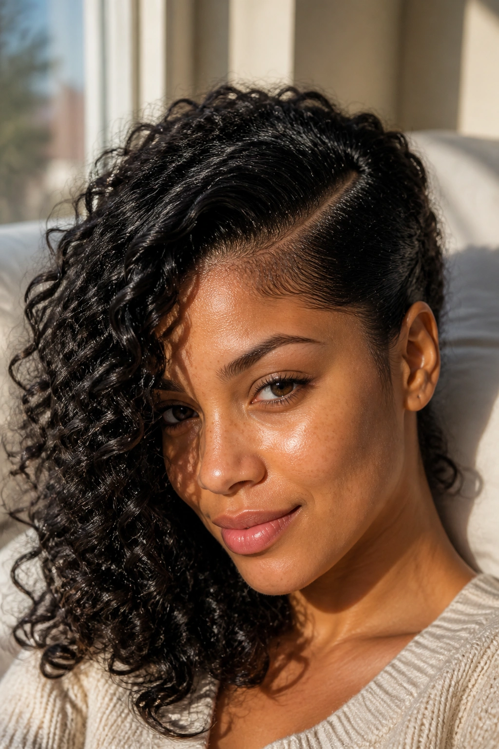 Close-up of a real woman with a deep side part and defined curls