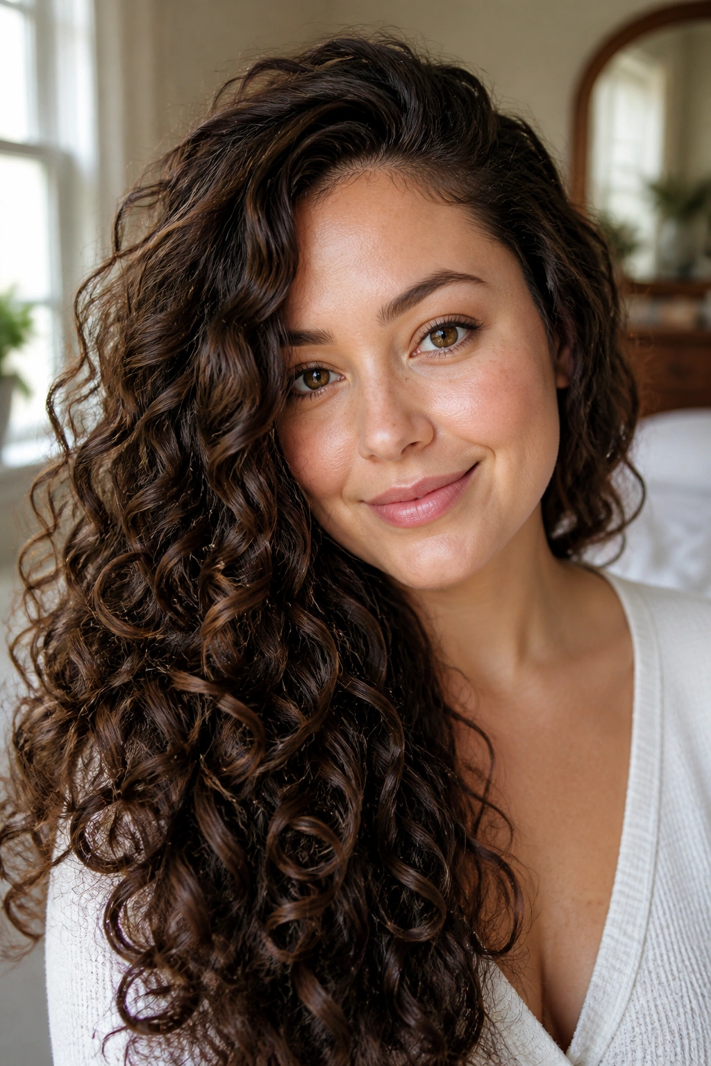 Close-up portrait of a real woman with long curls and a deep side part in natural window light