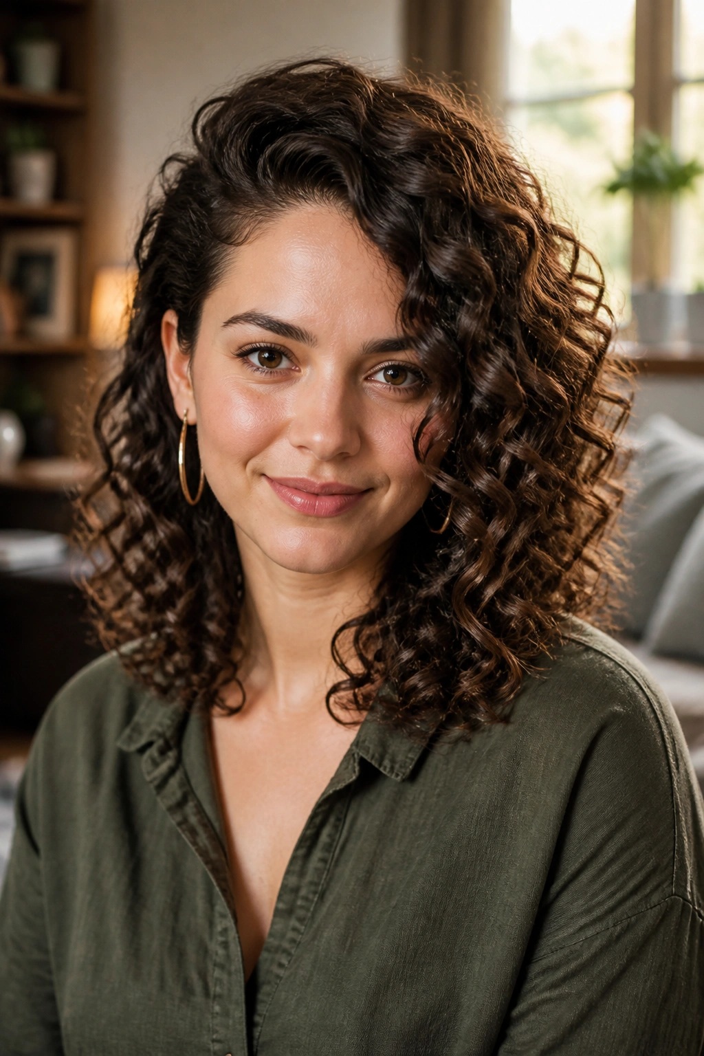 Portrait of a woman with a deep side part and side-swept curly hair, shoulder-length, warm window light