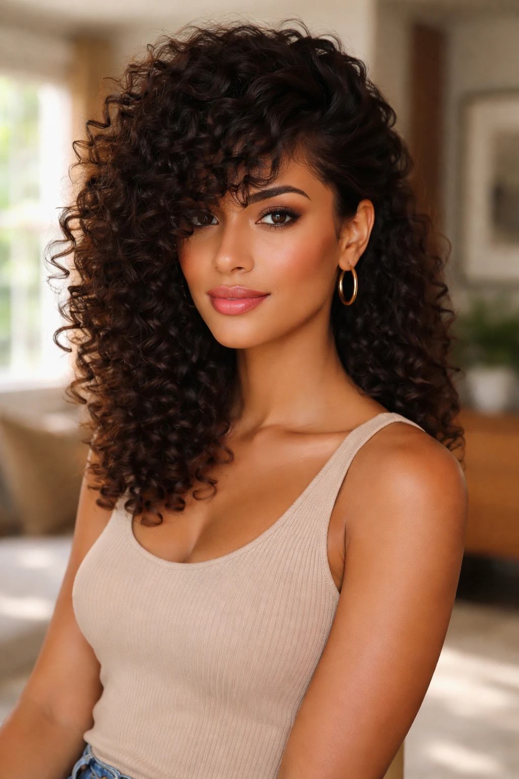 Medium close-up of a real person with a deep side-part curly bangs in a stylish room