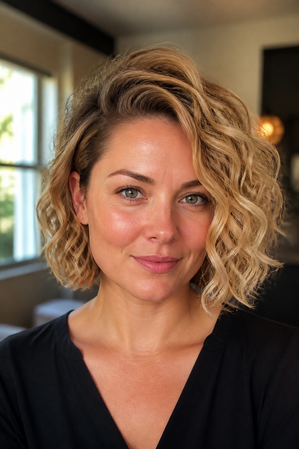 Real woman with deep side-part curly bob under warm indoor light