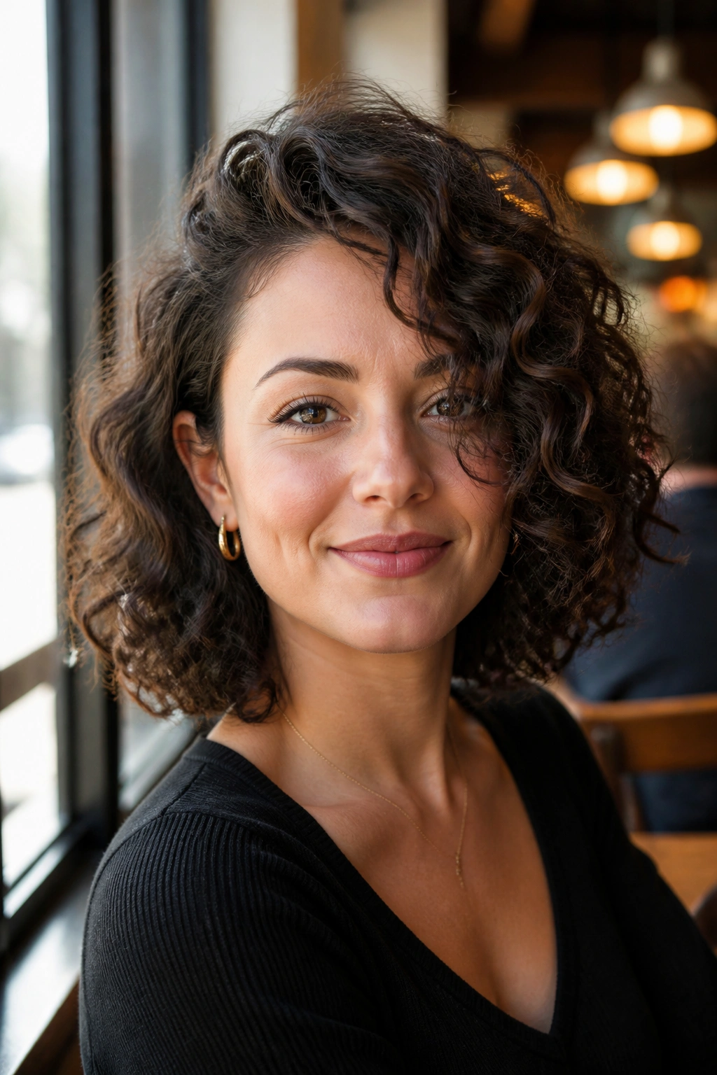 Portrait of a real woman with a deep side-parted curly bob in a sunlit cafe setting