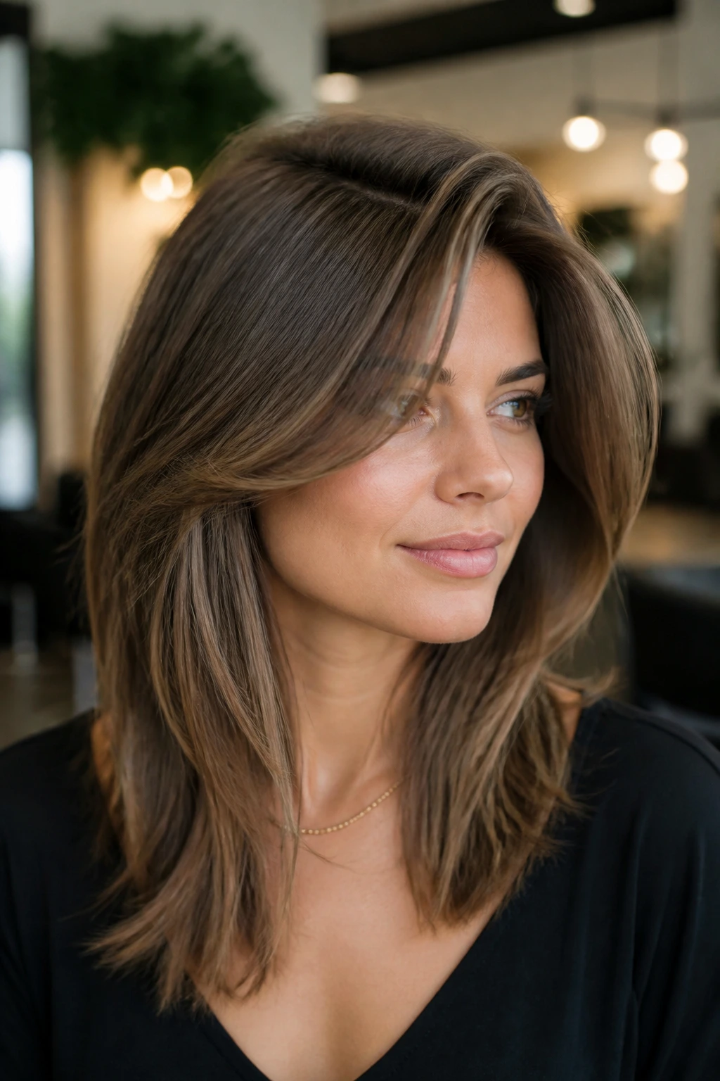 Close-up of a real woman with a deep side-part curtain bangs in a stylish salon