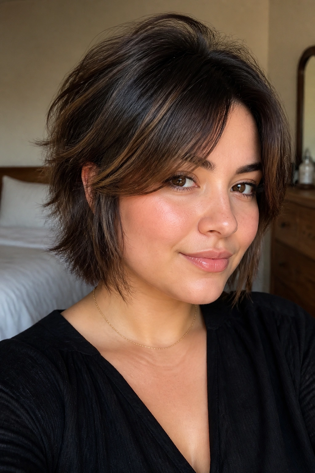 Close-up of a real woman with a deep side part and curtain bangs in a round-face shag.