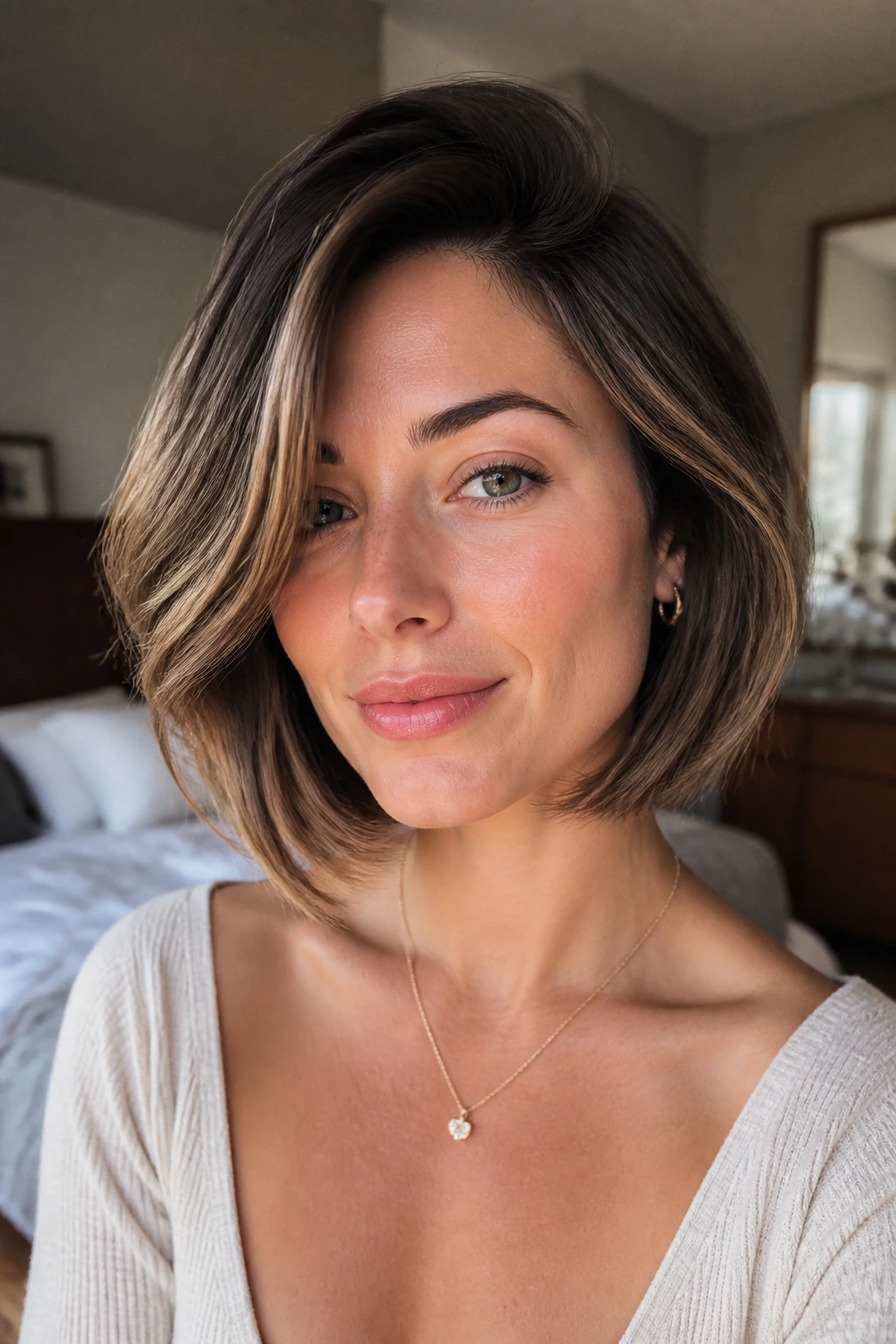 Close-up portrait of a real woman with a deep side-part curtain bob showing lift at the crown