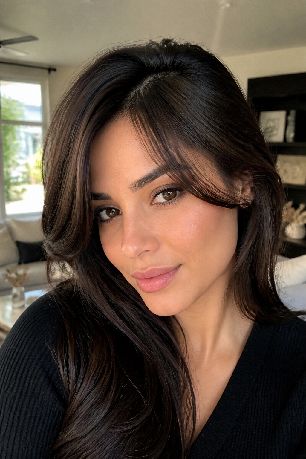 Close-up portrait of a real woman with a deep side part and curtain fringe in sunlit living room