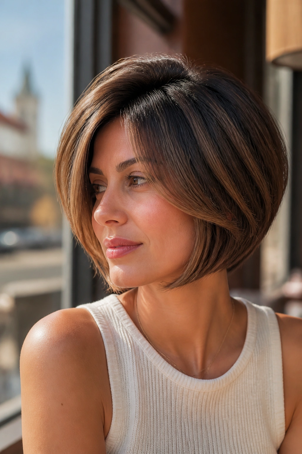 Portrait of a real person with deep side-part stacked bob curtain fringe in sunlit cafe