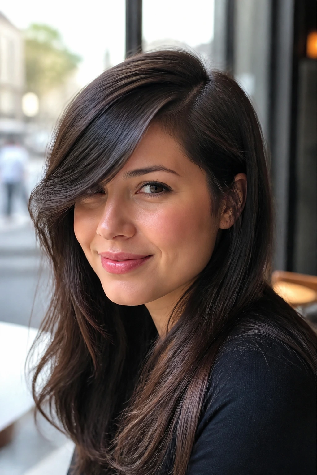 Close-up portrait of a real woman with deep side part and diagonal fringe