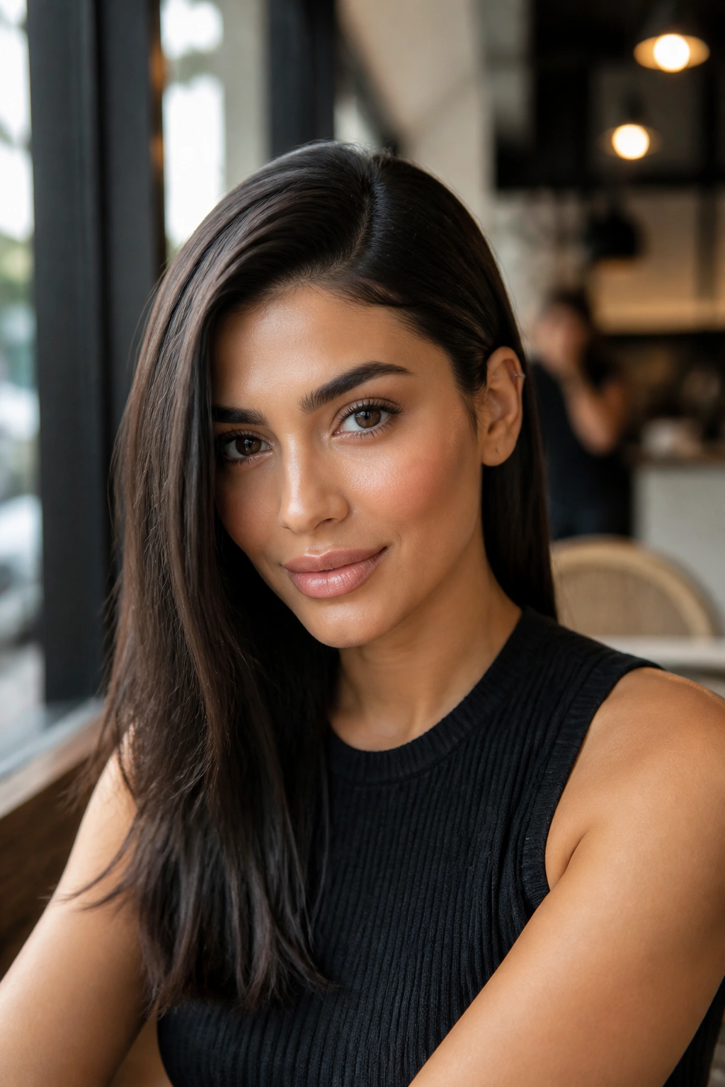 Portrait of a real woman with a deep side part and one-ear tuck.