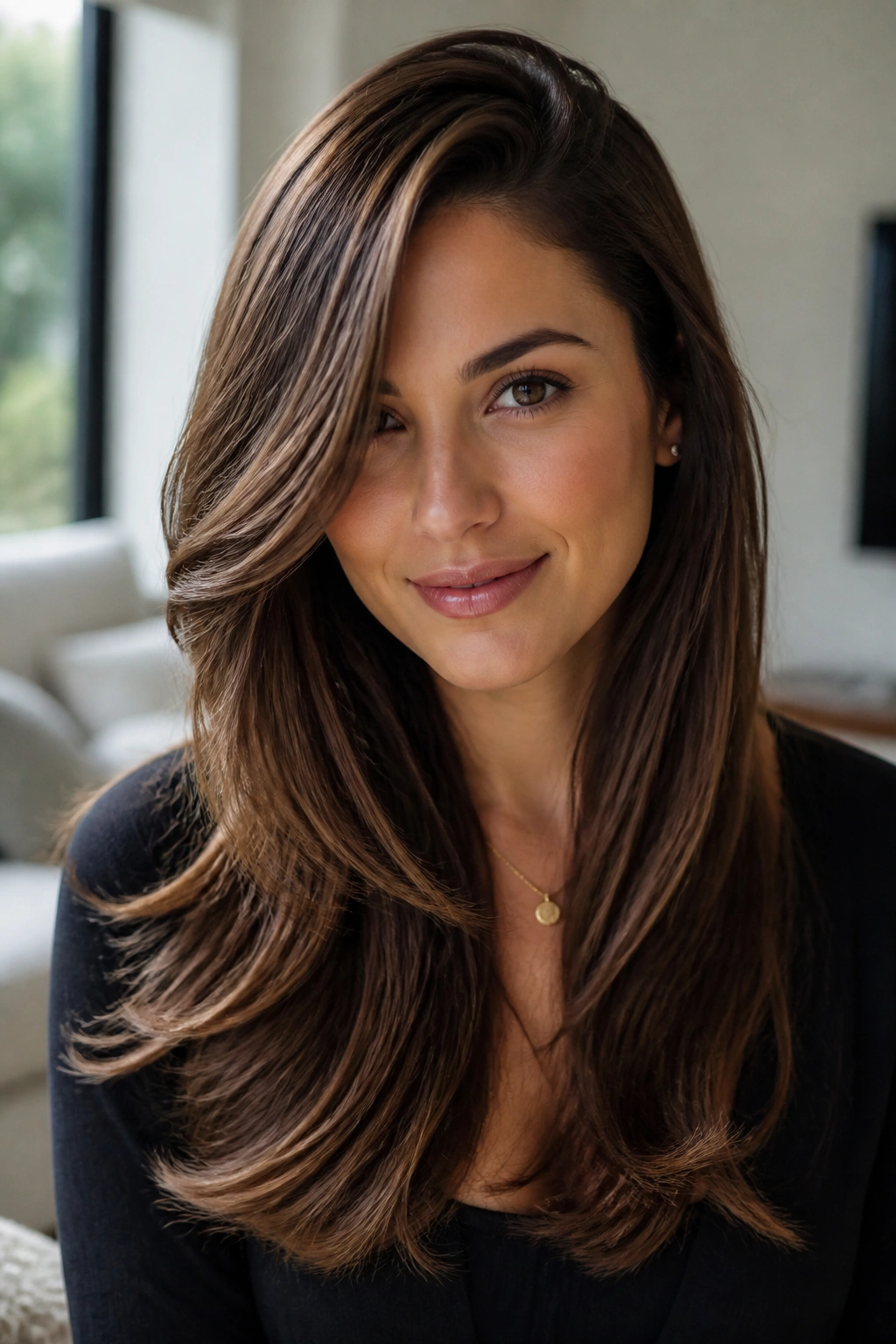 Real woman with a deep side part and sweeping face frame on long brown hair.