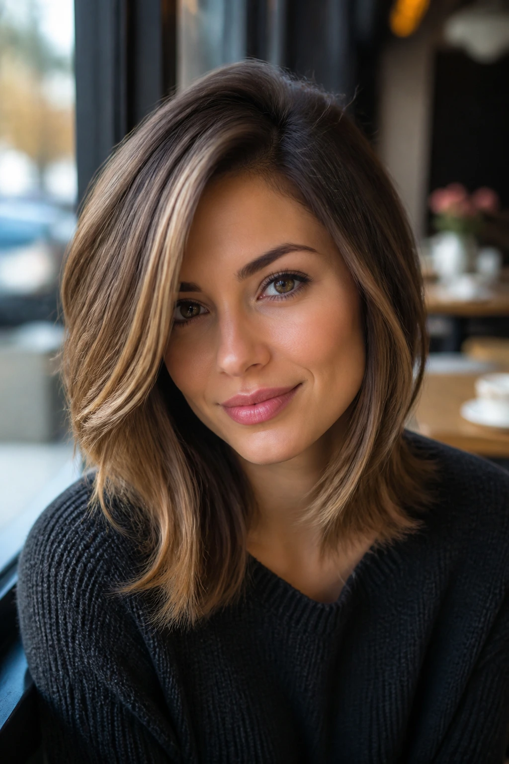 Real woman with deep side-part and long face-framing layers in a cozy cafe