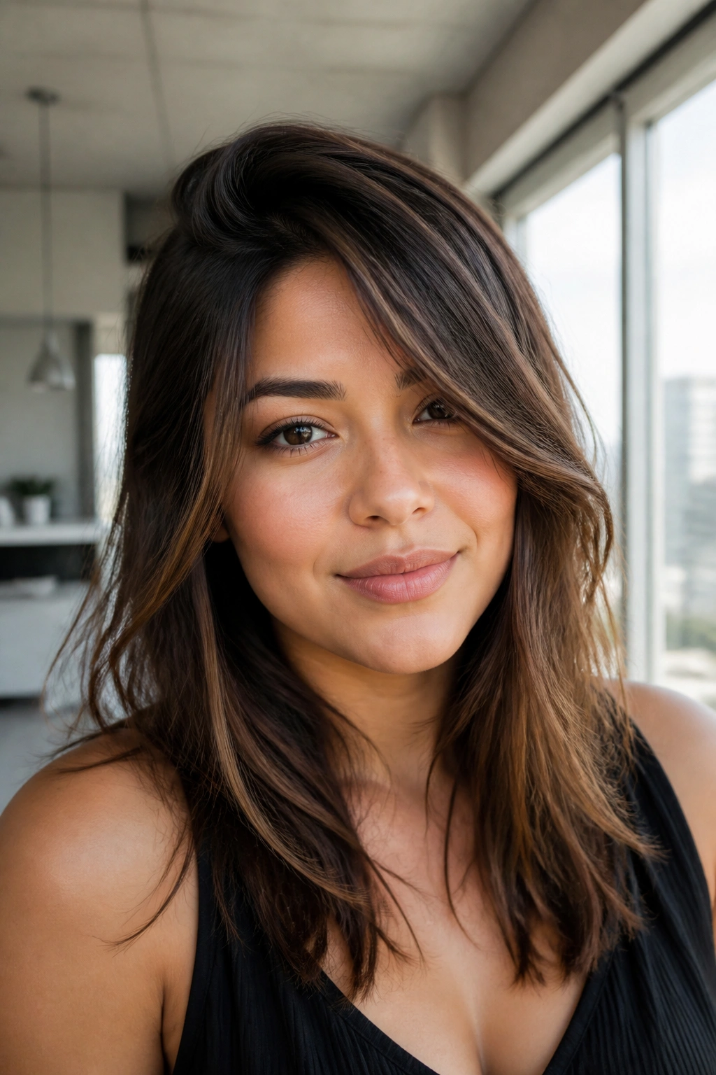 Close-up portrait of a woman with deep side part and face-framing fringe