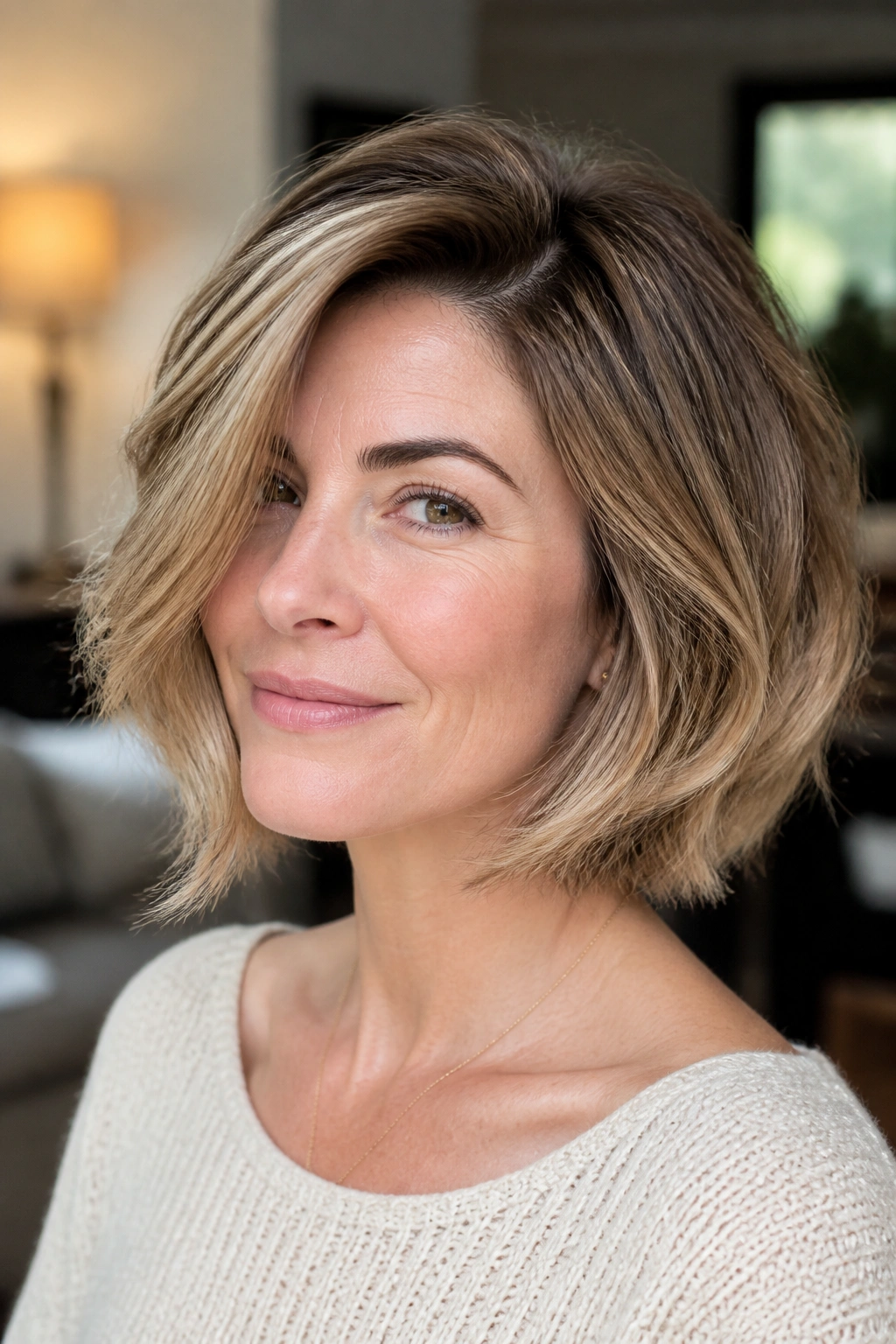 Close-up portrait of a woman with a deep side-part feathered bob in warm light