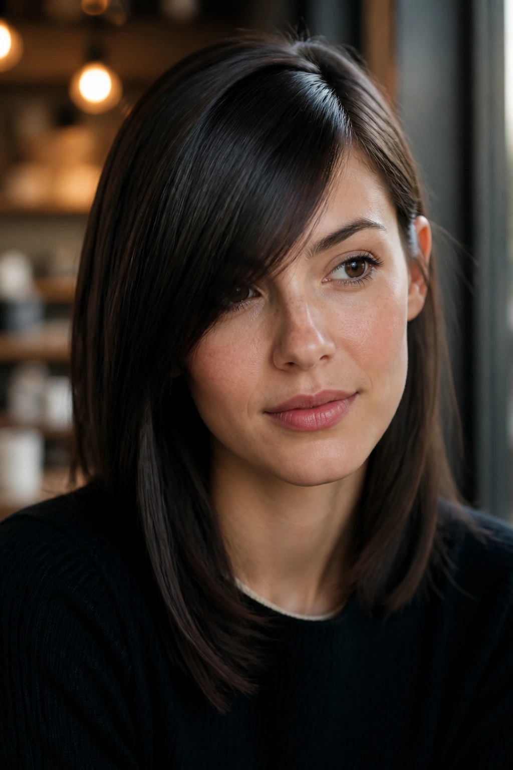 Portrait of a real person with a deep side-part fringe in cafe window light