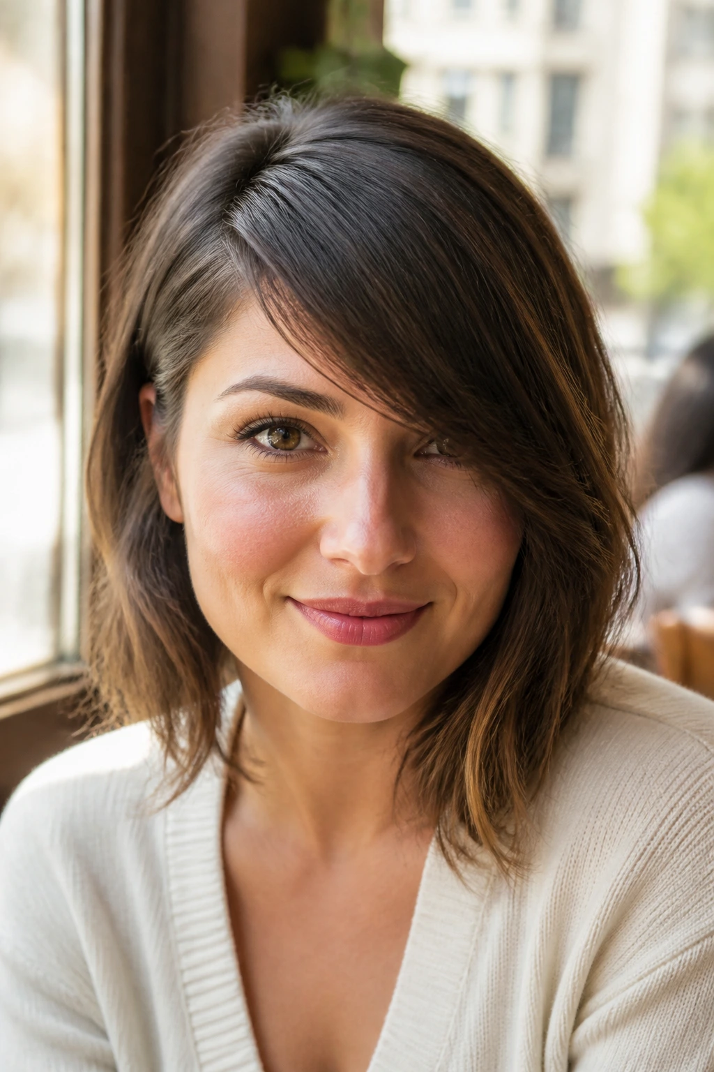 Close-up portrait of a real woman with a dramatic deep side part fringe in a sunlit cafe