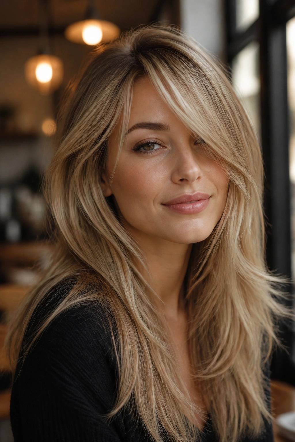 Portrait of a woman with a deep side part and face-skimming fringe in blonde