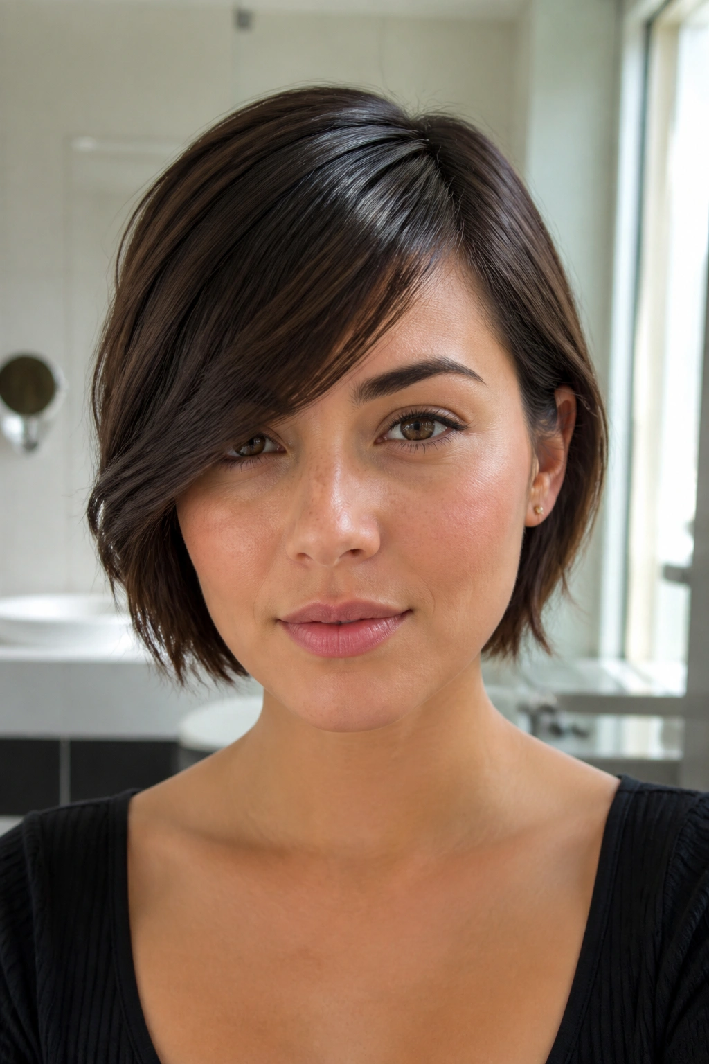 Close-up portrait of a real woman with a deep side-part fringe sweeping diagonally across the forehead