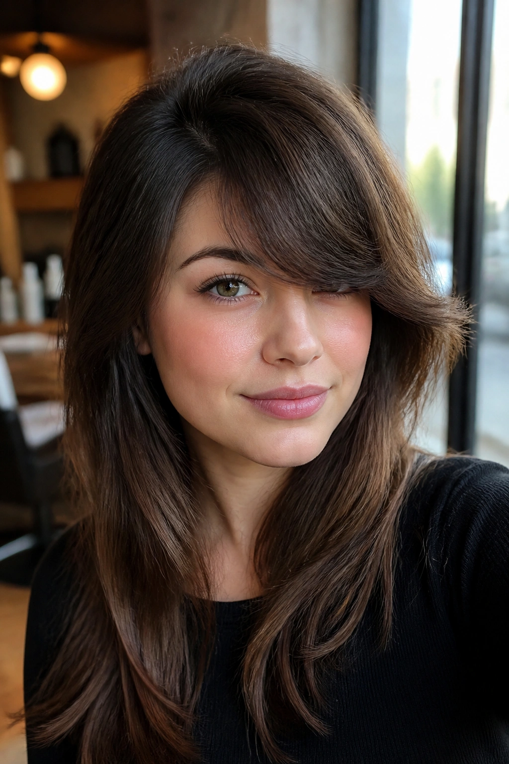 Close-up portrait of a real woman with a deep side part French fringe framing the face.