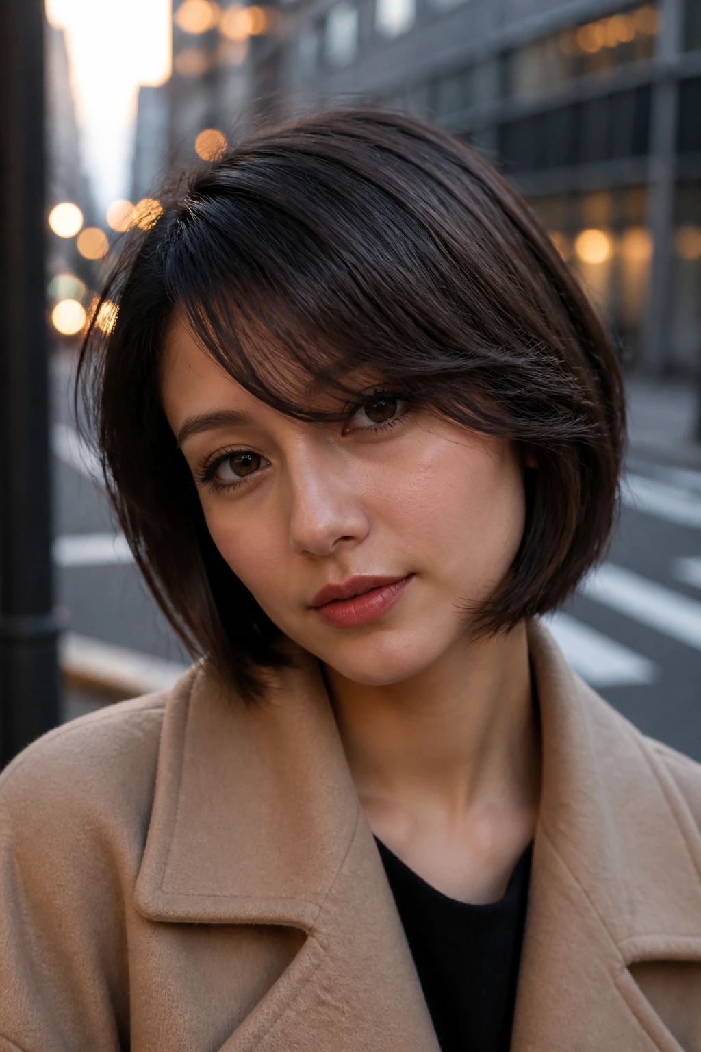 Close-up of a real woman with deep side-part fringe sweeping across the forehead.