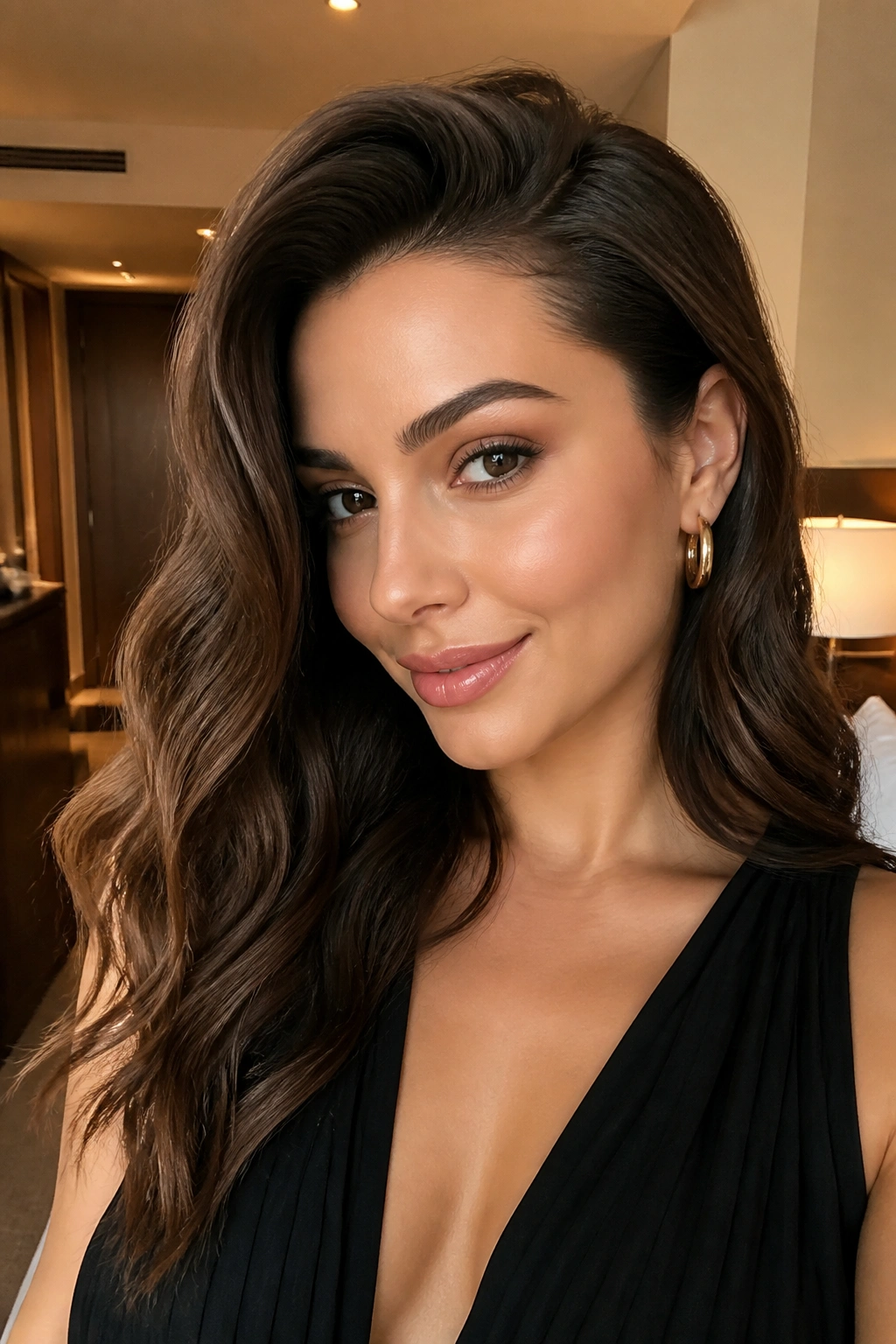 Portrait of a woman with deep side-part glam waves, one side tucked behind the ear.