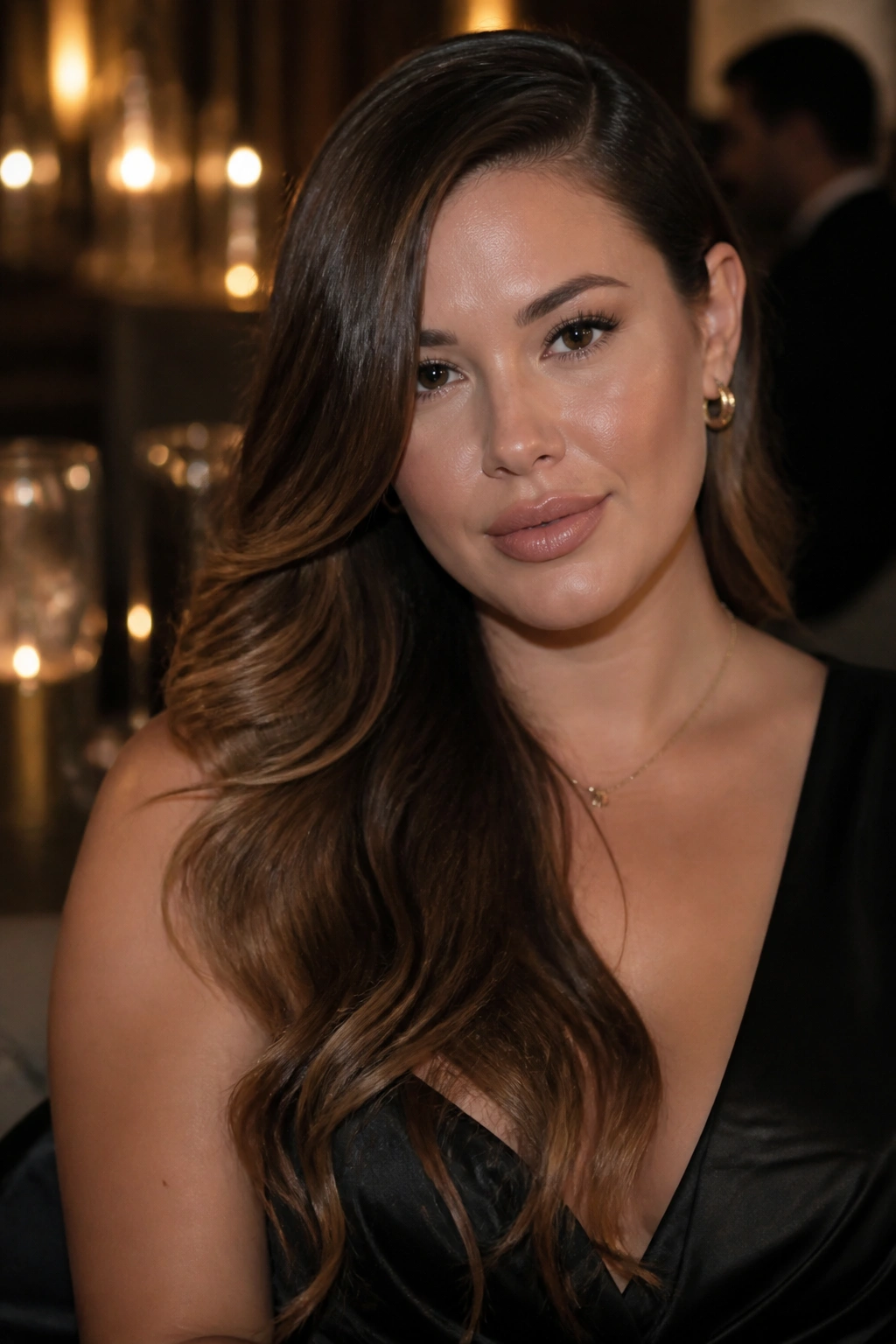 Portrait of a real woman with a deep side part and loose glam waves.