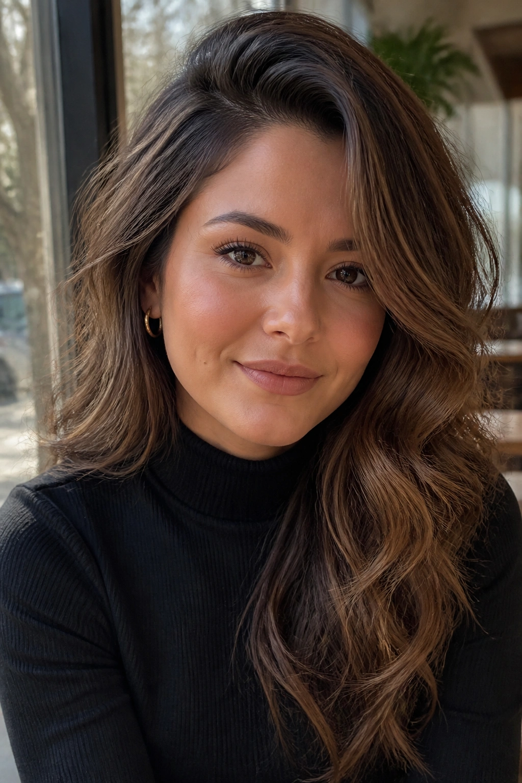 Close-up of real woman with deep side-part glam waves and wispy outline around temples