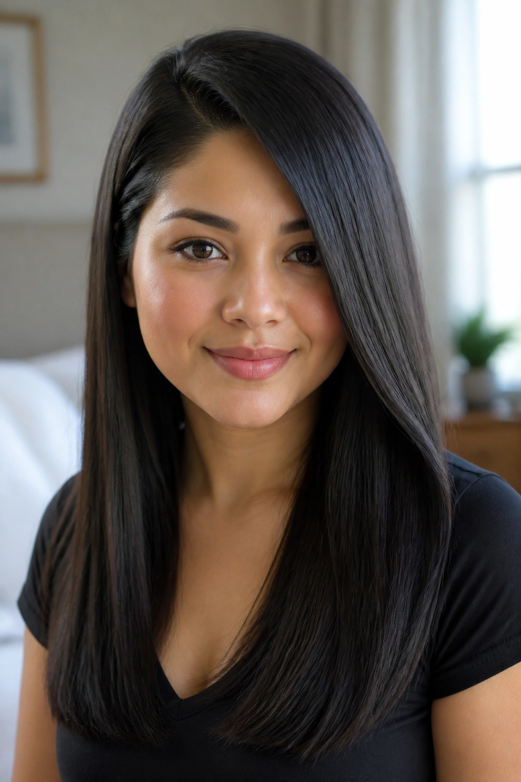Close-up of a real woman with a deep side part and glossy straight hair